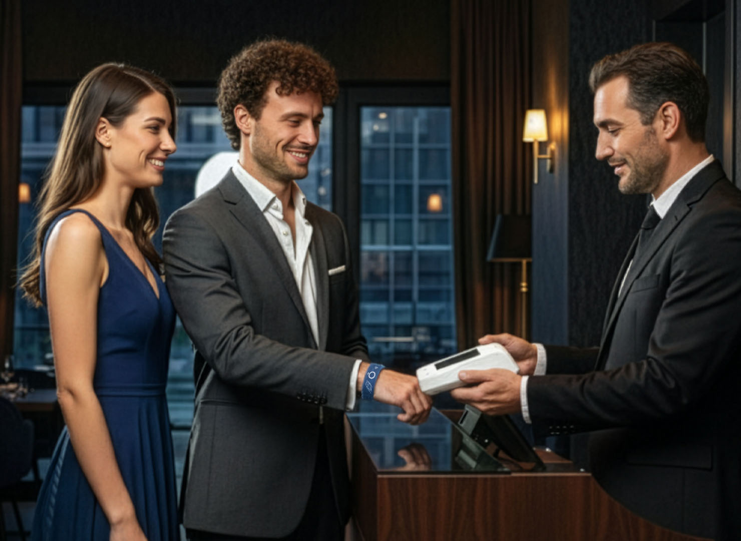 Coppia che paga al banco di un hotel con braccialetto bluon.me & pay